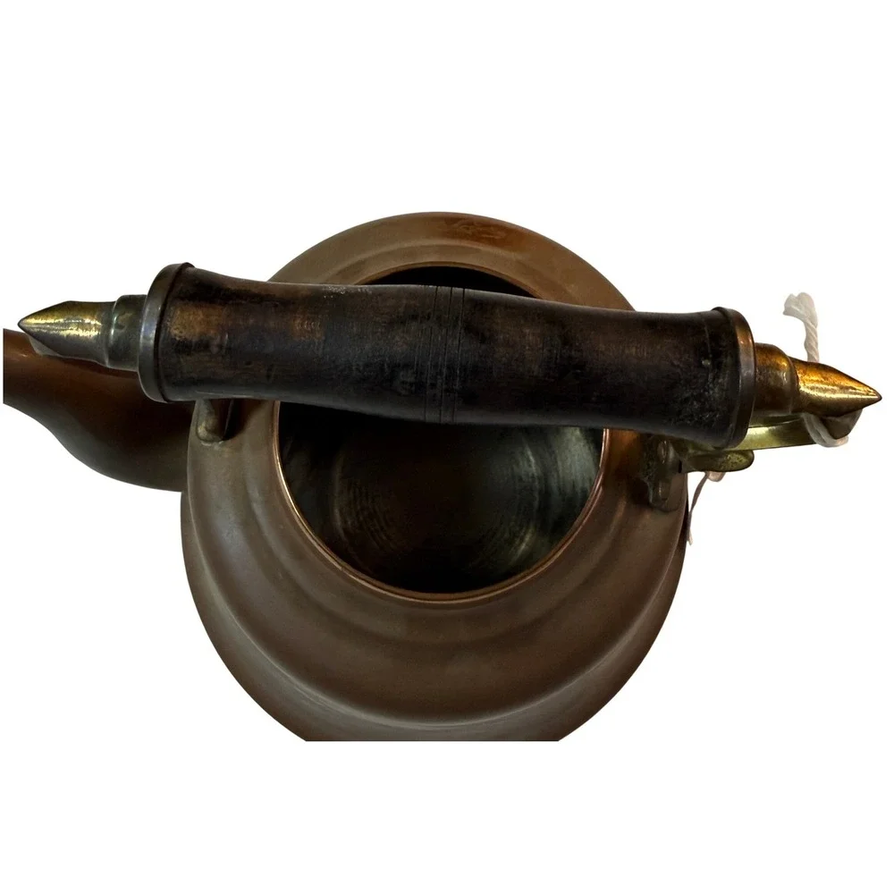 Vintage MCM Copper Tea Kettle Etched Floral Swan Spout Wood Handle‎ Rustic Decor